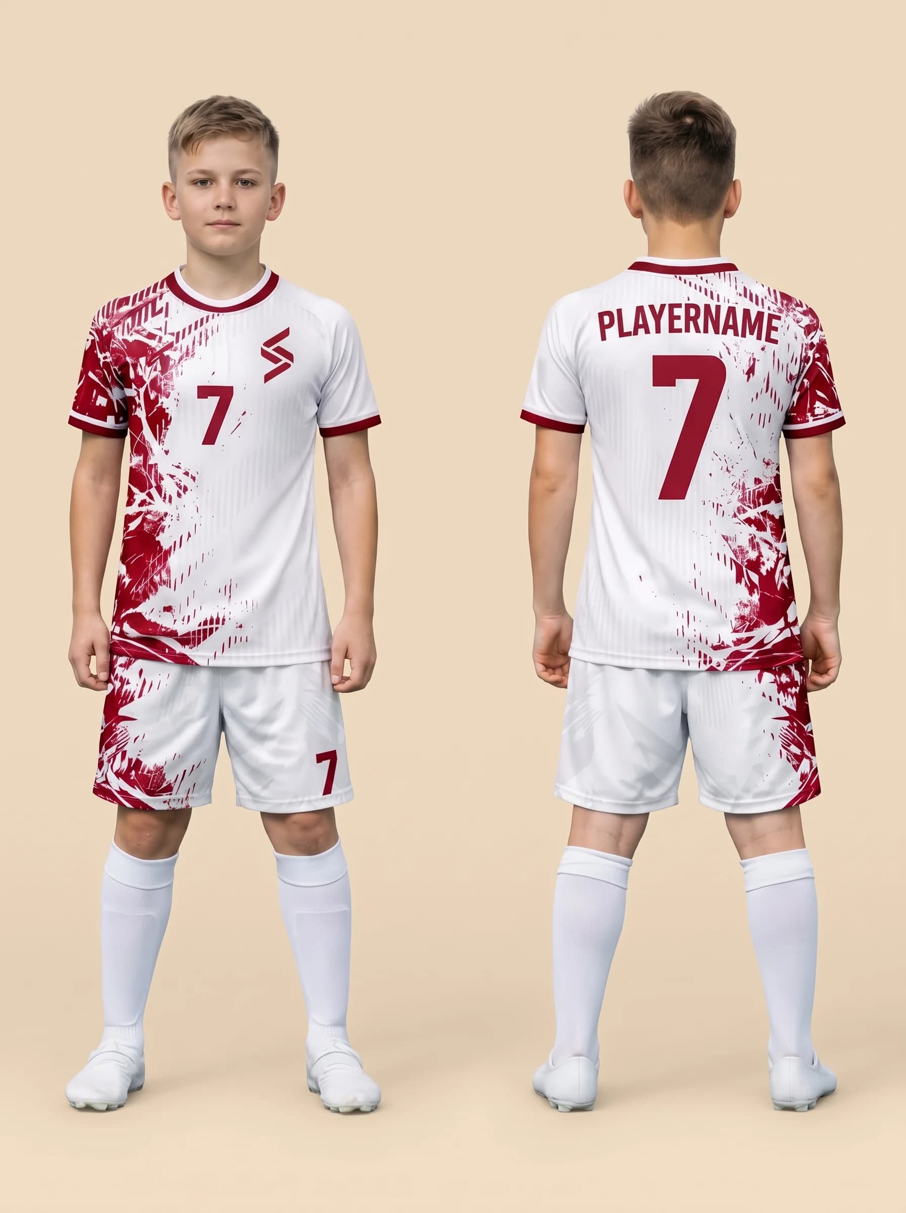 White Red Pattern Soccer Kit - View 1