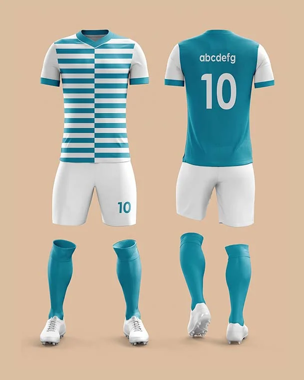 Teal White Striped Soccer Kit