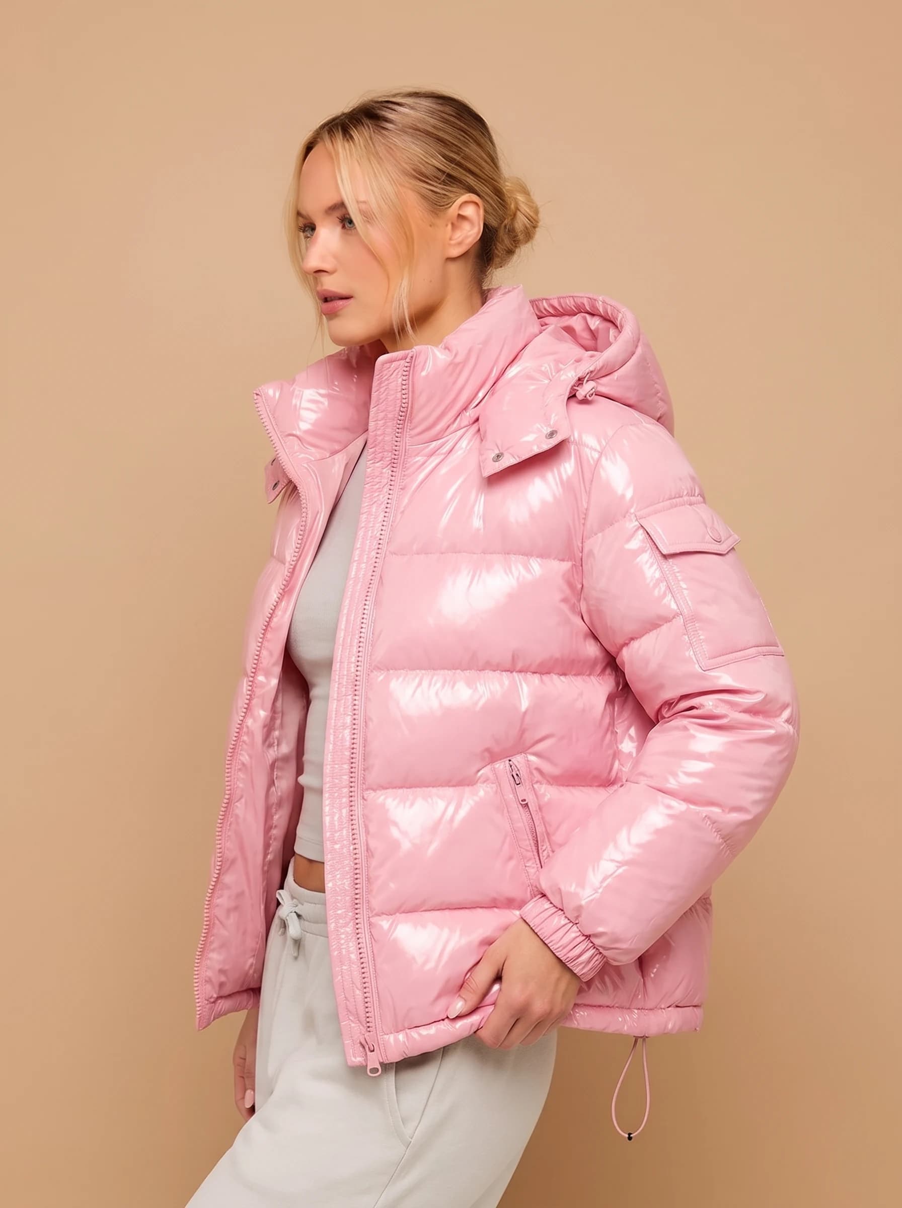 Pink Glossy Hooded Puffer Jacket