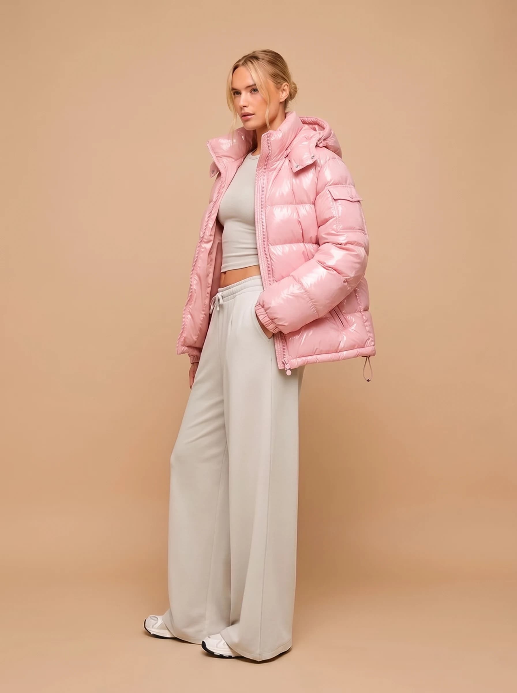 Pink Glossy Hooded Puffer Jacket - View 4