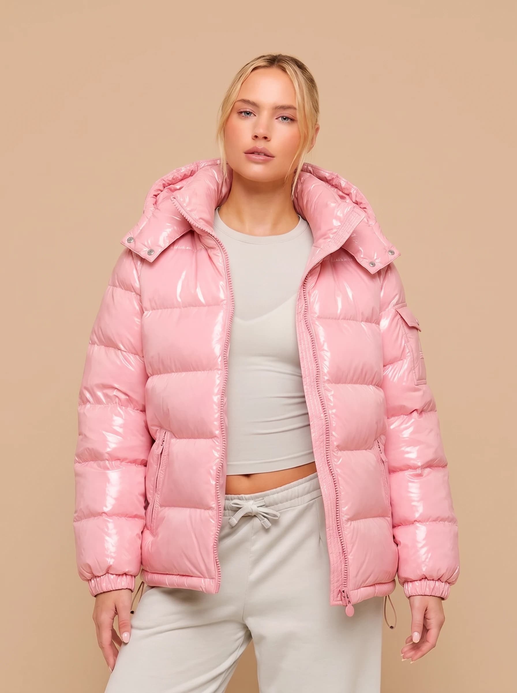 Pink Glossy Hooded Puffer Jacket