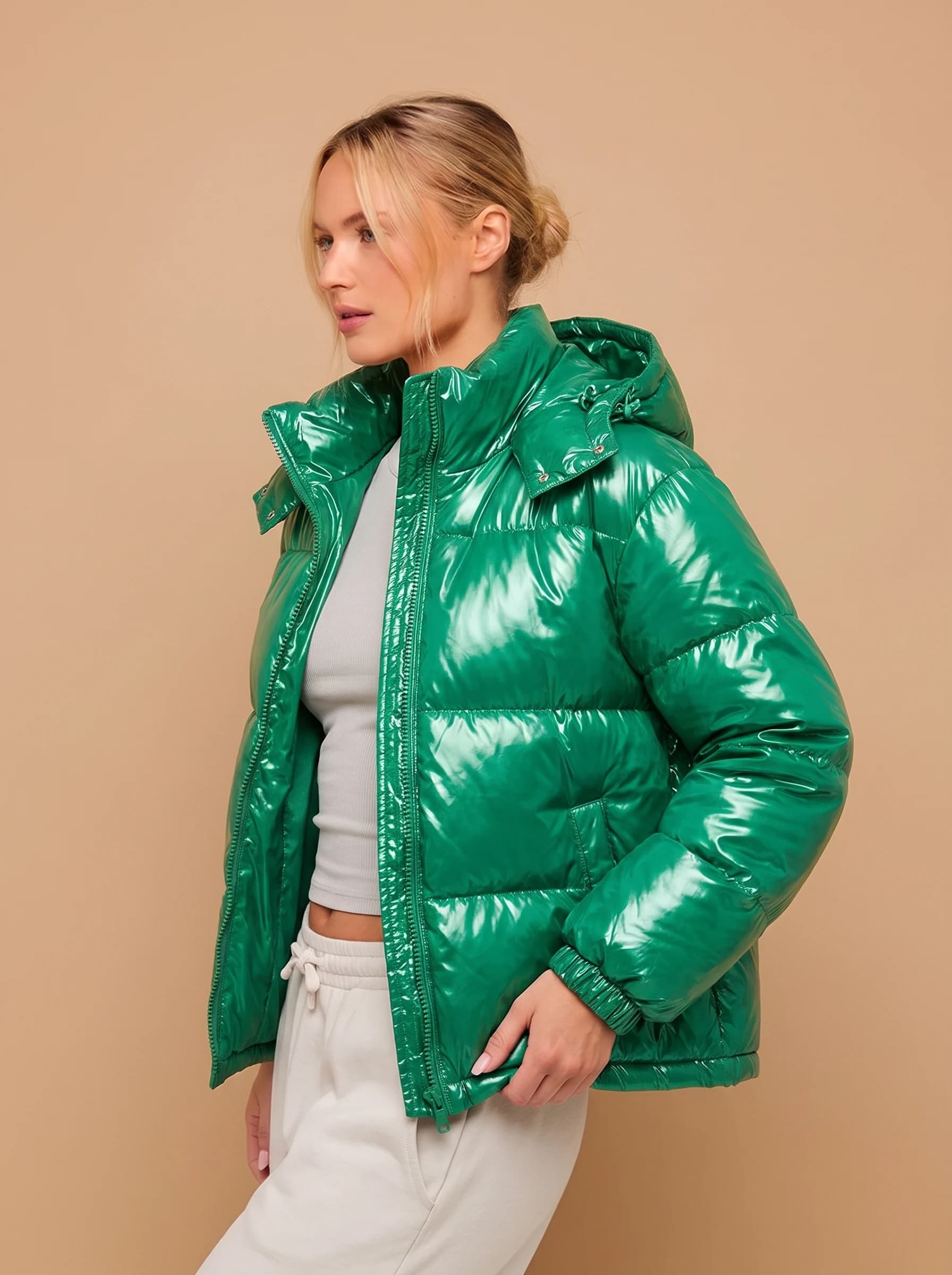 Emerald Green Glossy Hooded Puffer Jacket - View 3