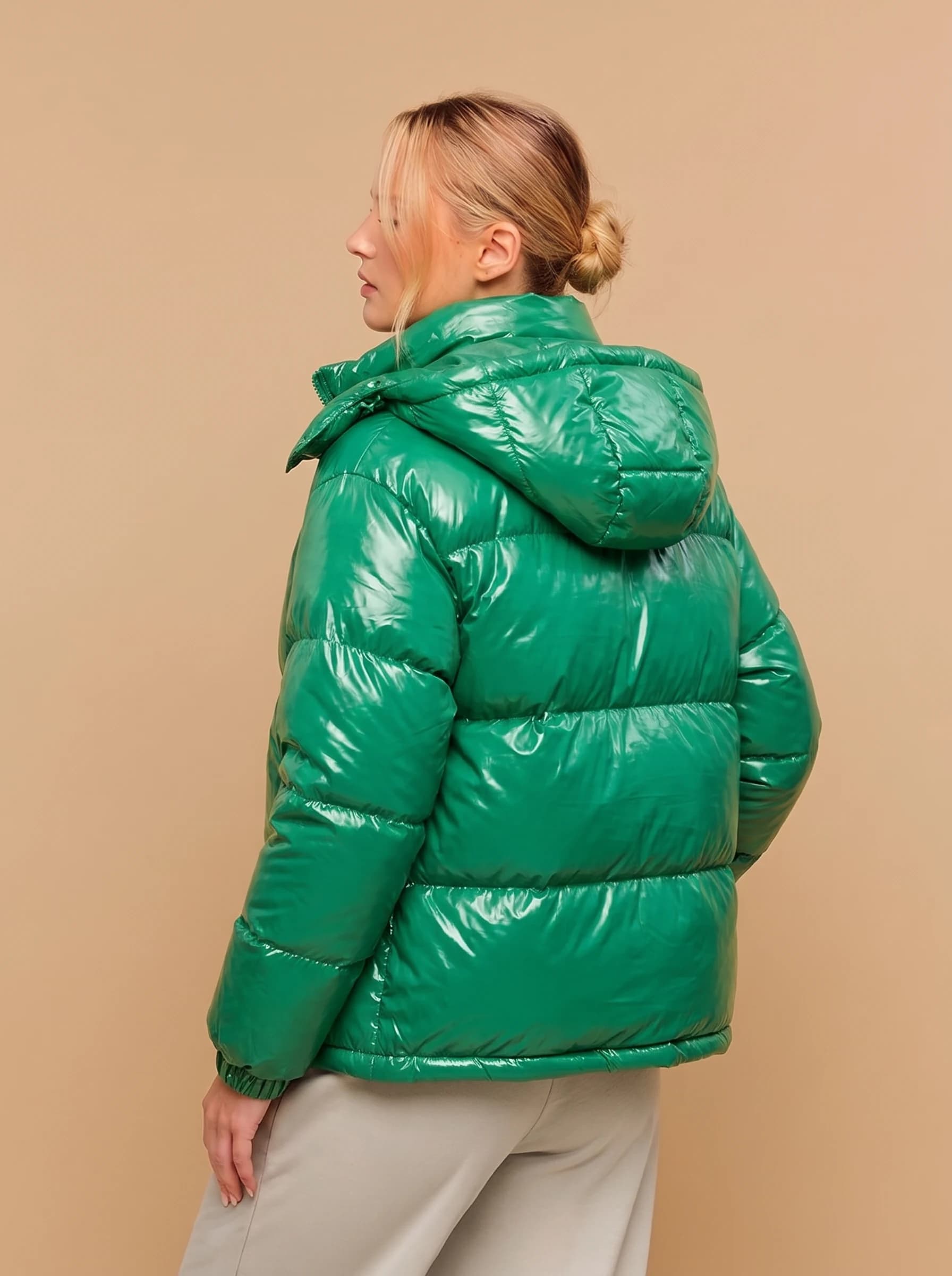 Emerald Green Glossy Hooded Puffer Jacket - View 2