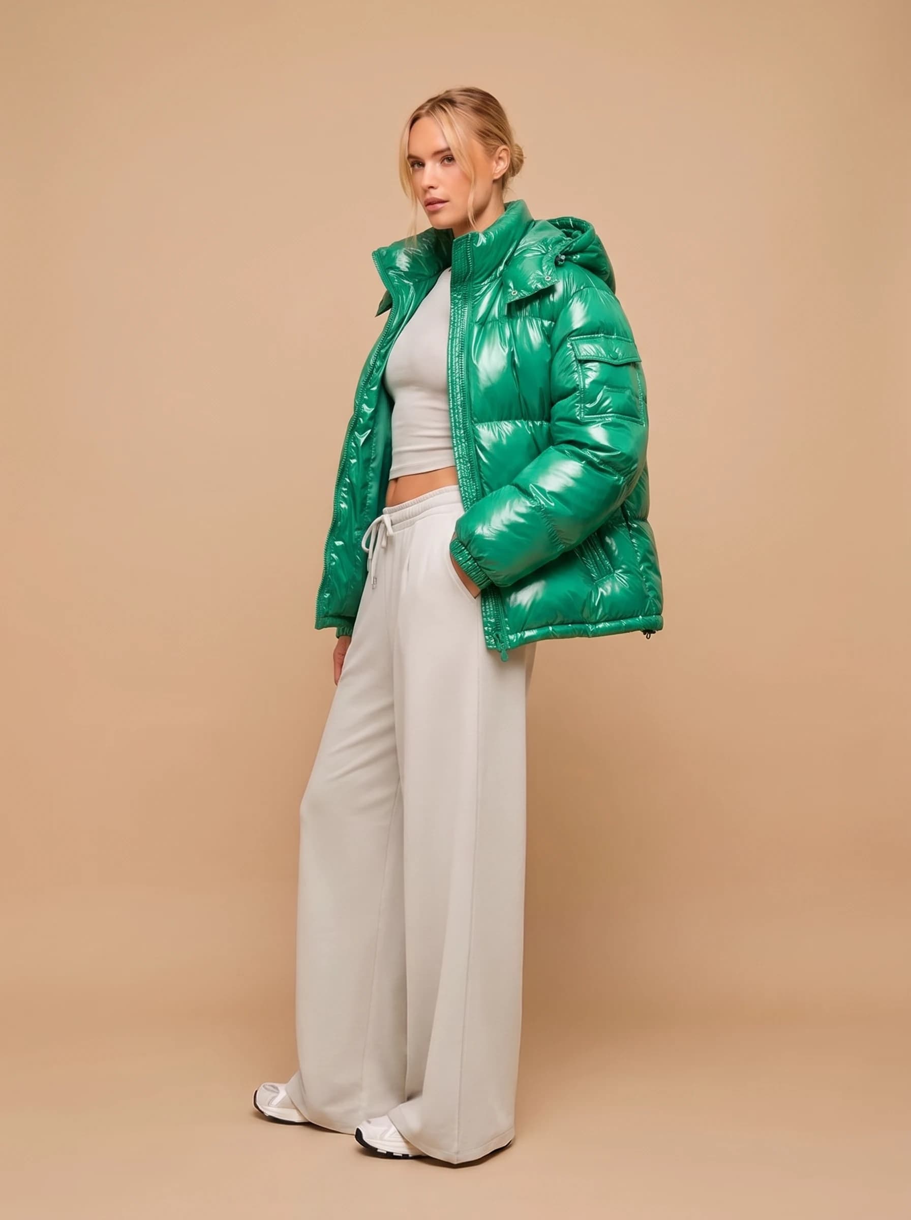 Emerald Green Glossy Hooded Puffer Jacket - View 4
