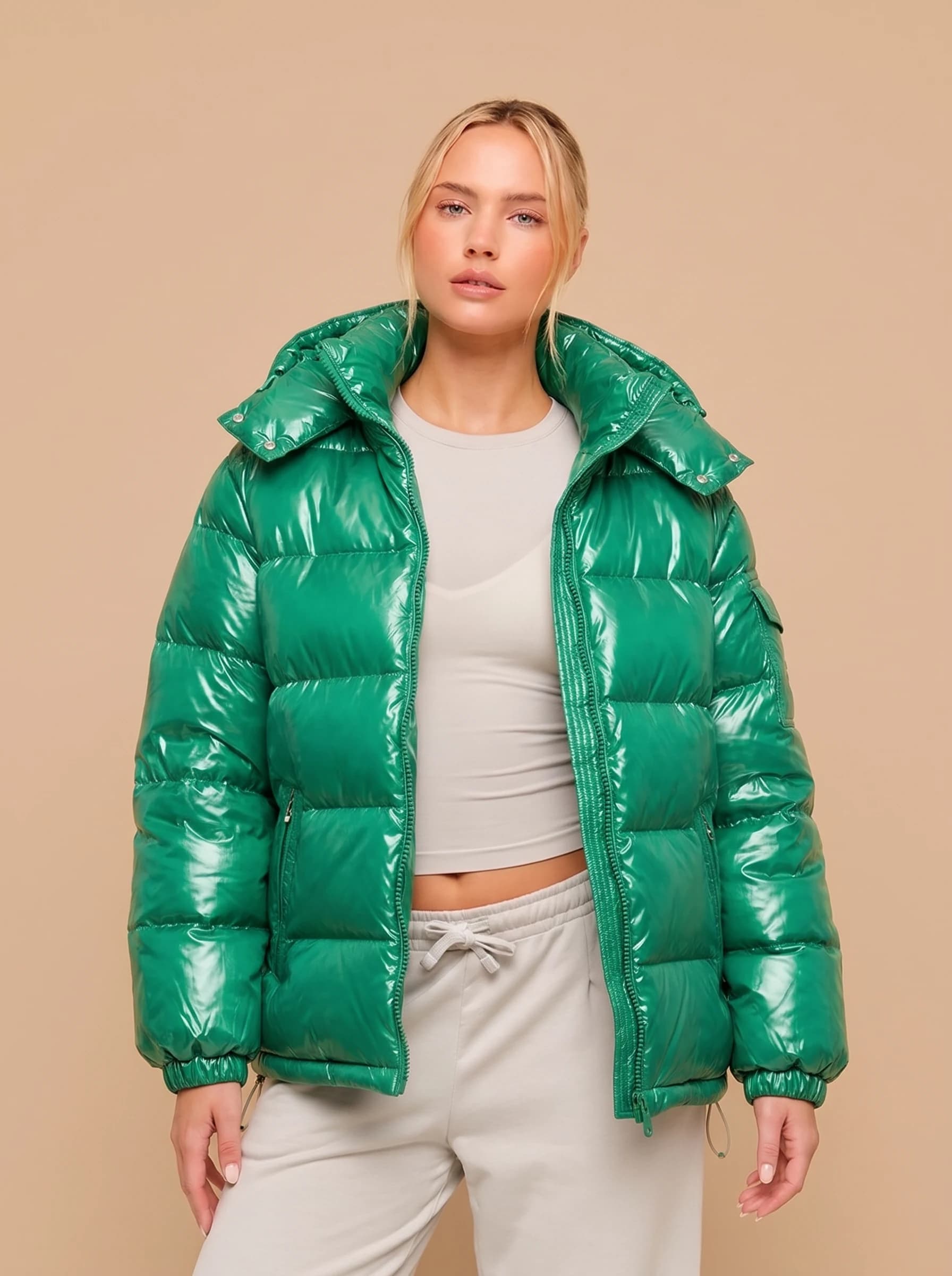 Emerald Green Glossy Hooded Puffer Jacket - View 1