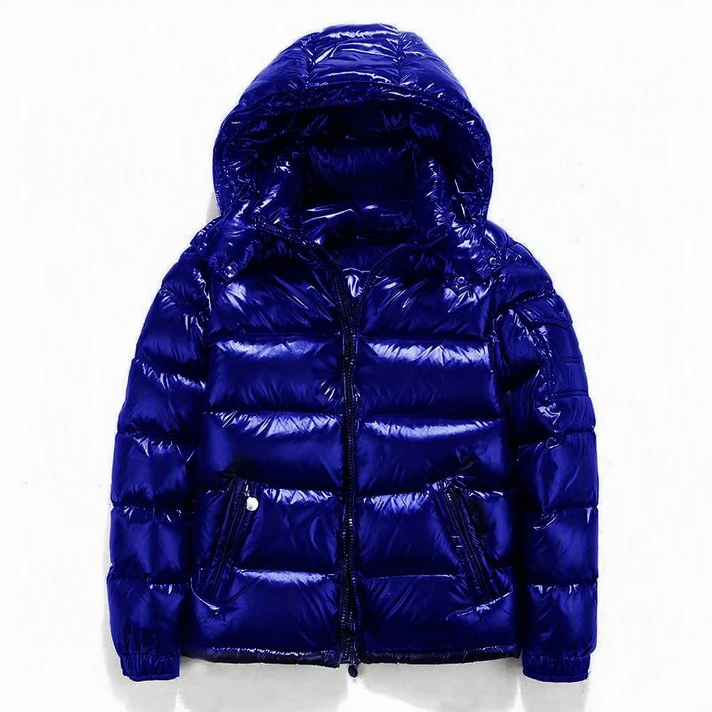 Royal Blue Glossy Hooded Puffer Jacket - View 5