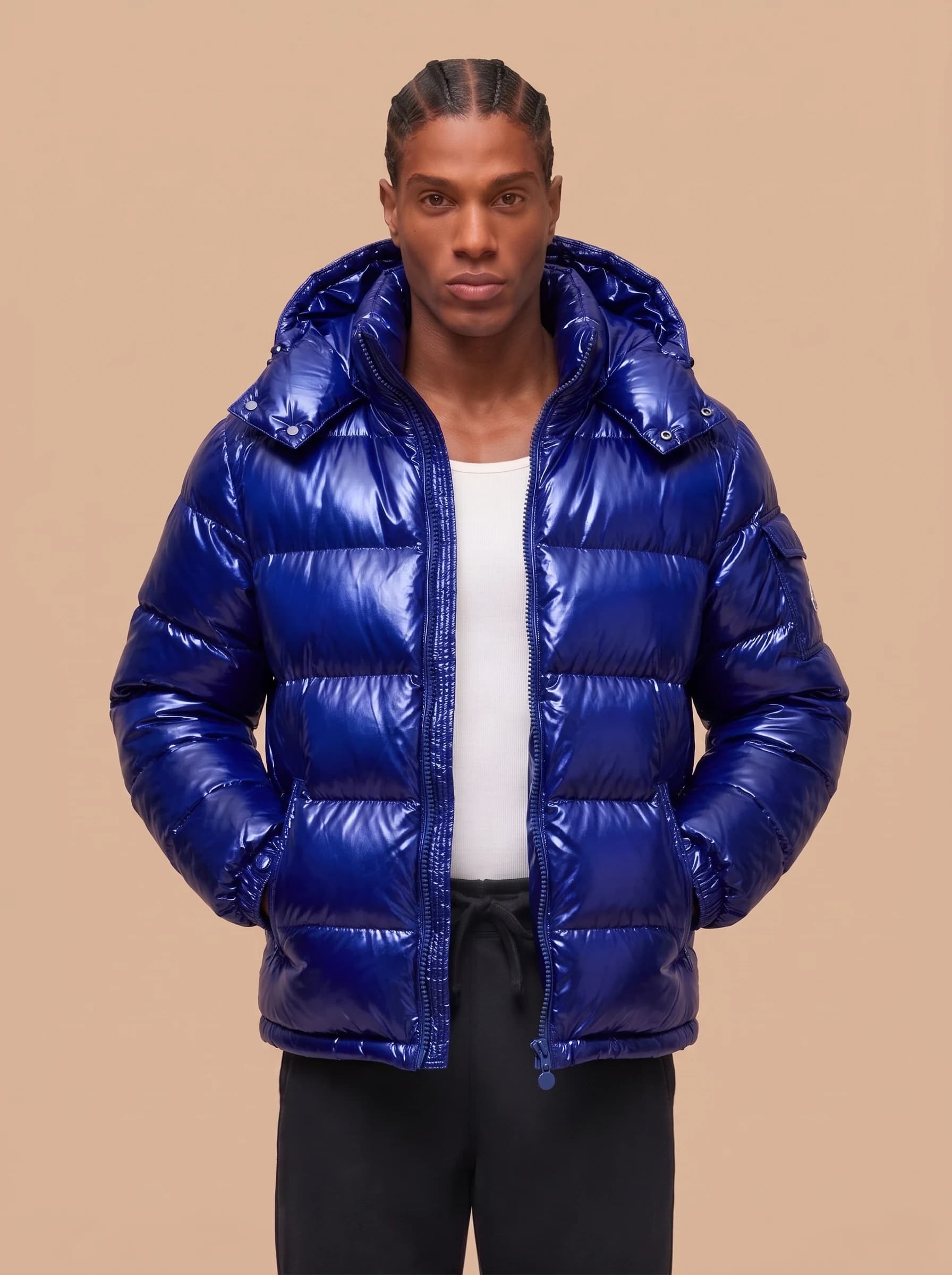 Royal Blue Glossy Hooded Puffer Jacket - View 4