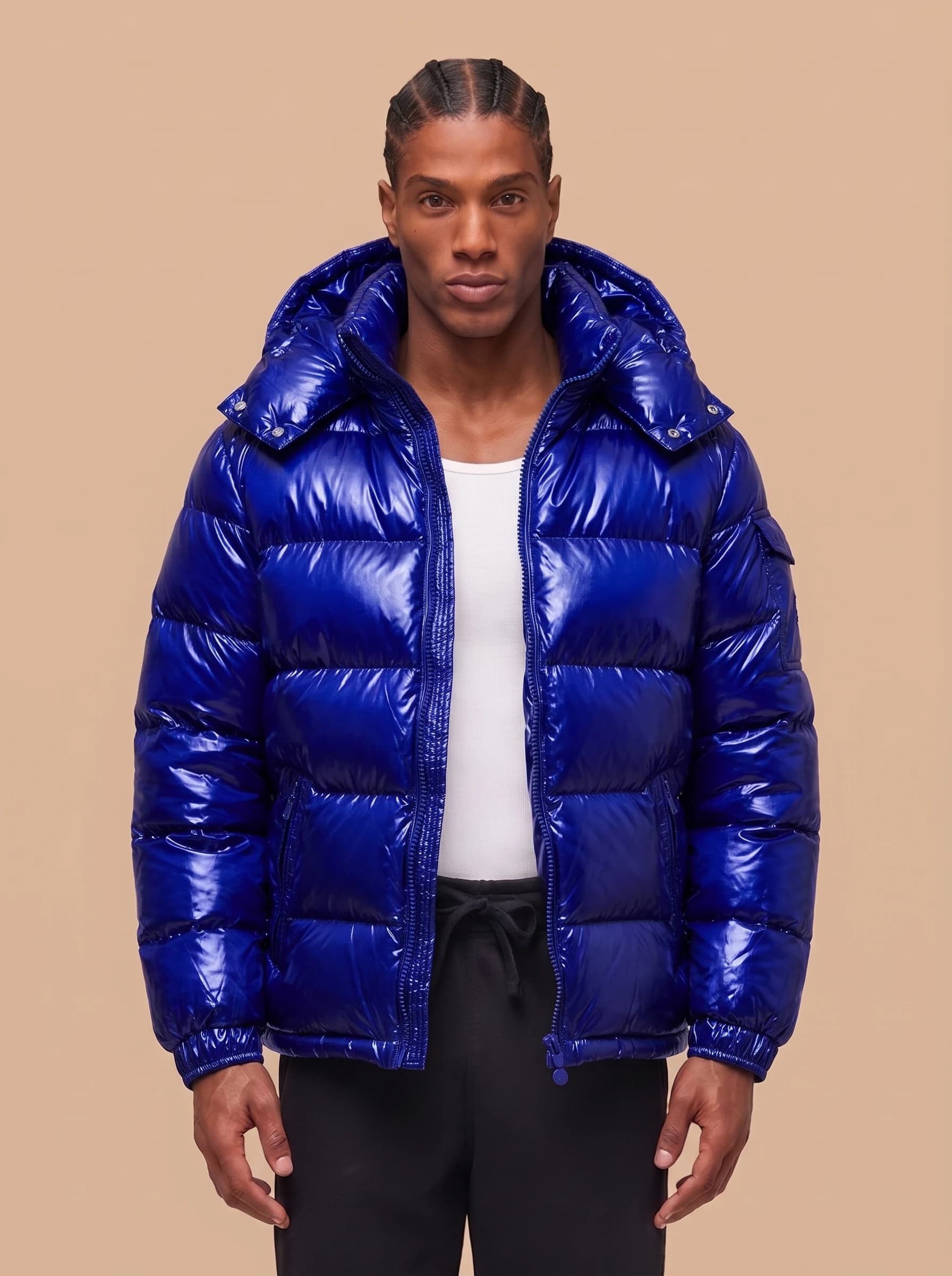 Royal Blue Glossy Hooded Puffer Jacket