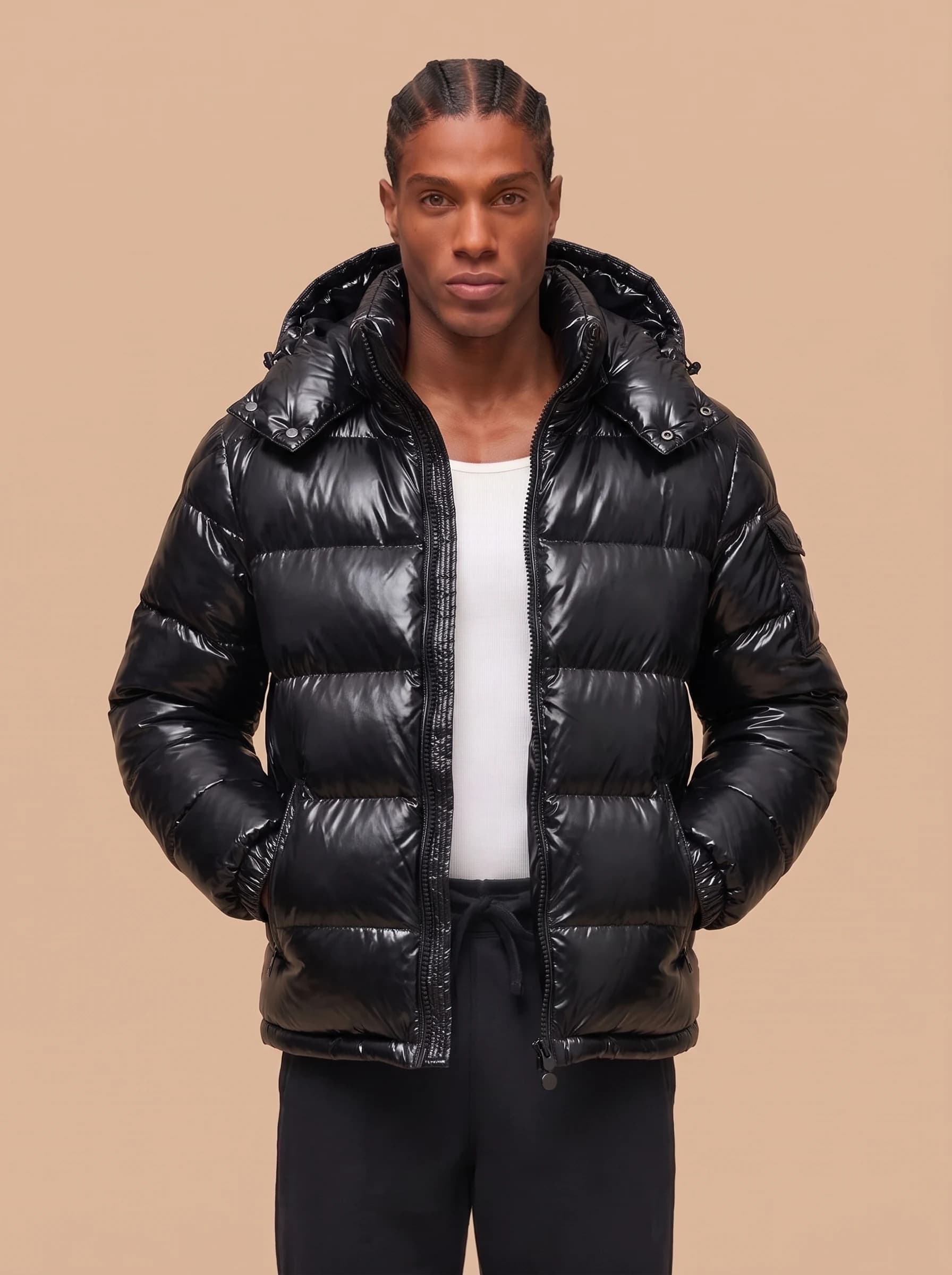 Black Glossy Hooded Puffer Jacket - View 4