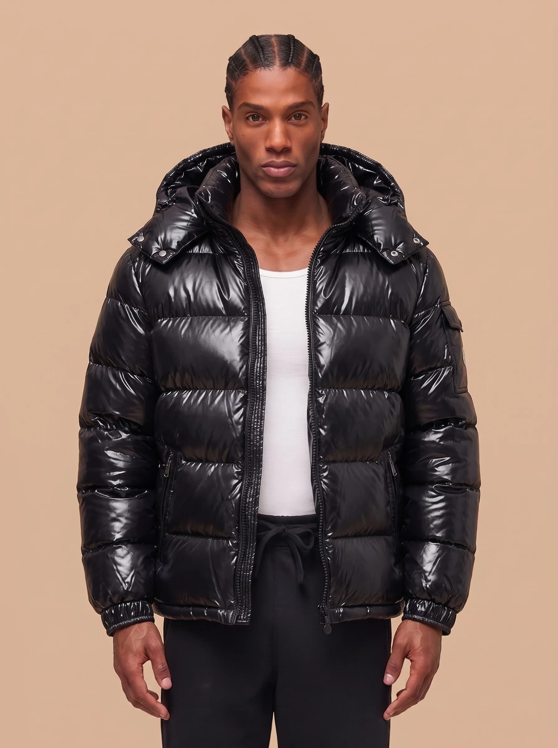 Black Glossy Hooded Puffer Jacket
