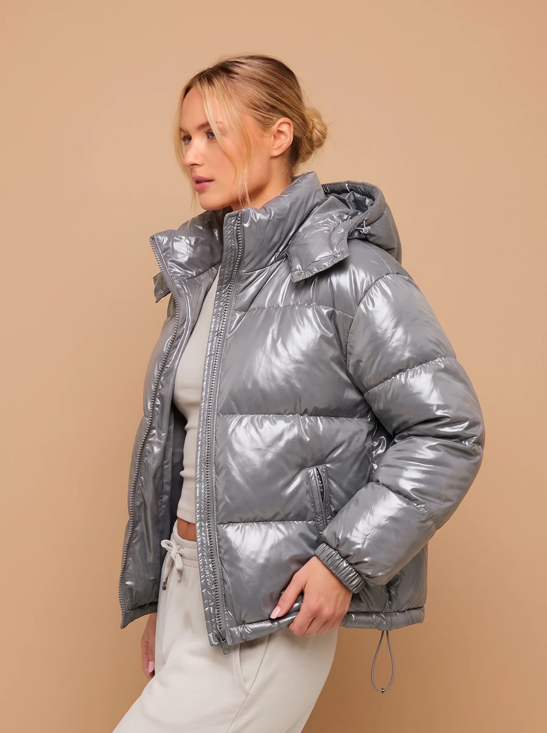 Silver Grey Glossy Puffer Jacket