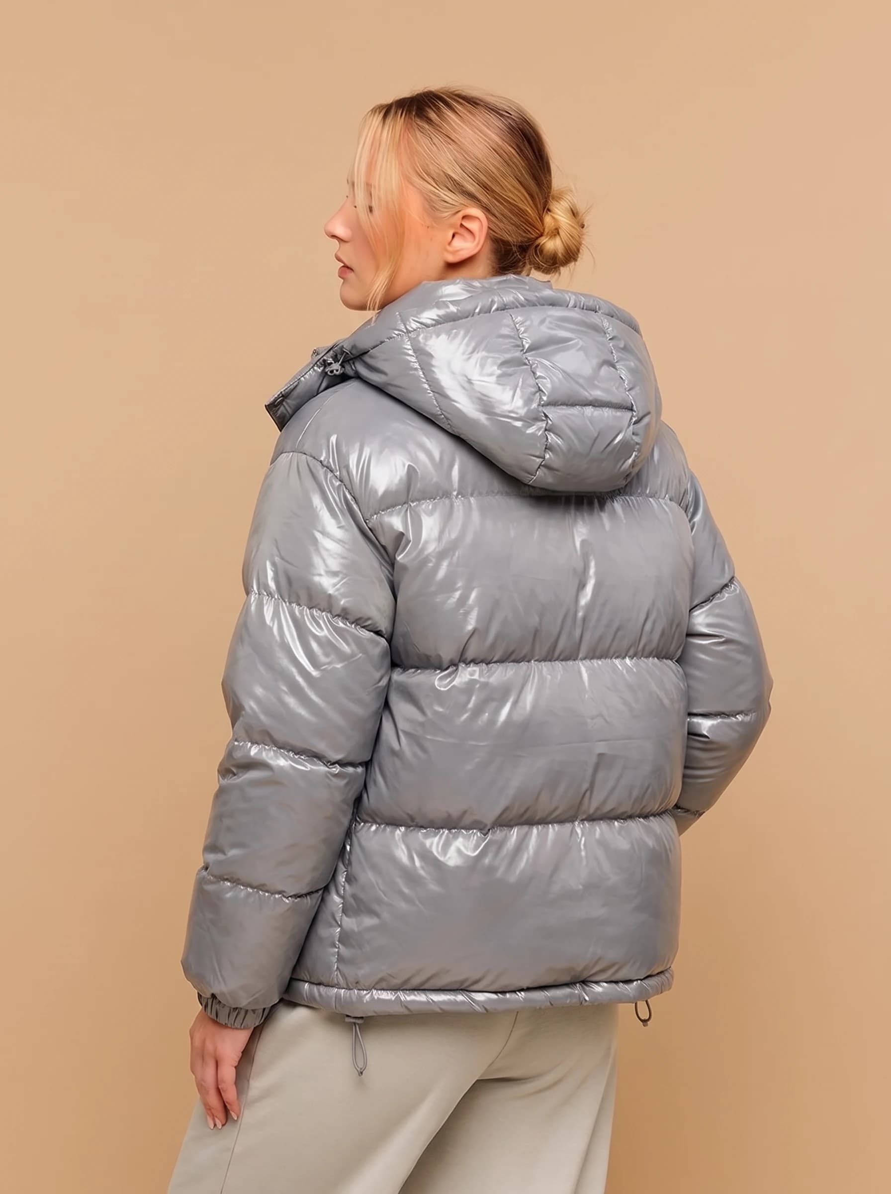 Silver Grey Glossy Puffer Jacket