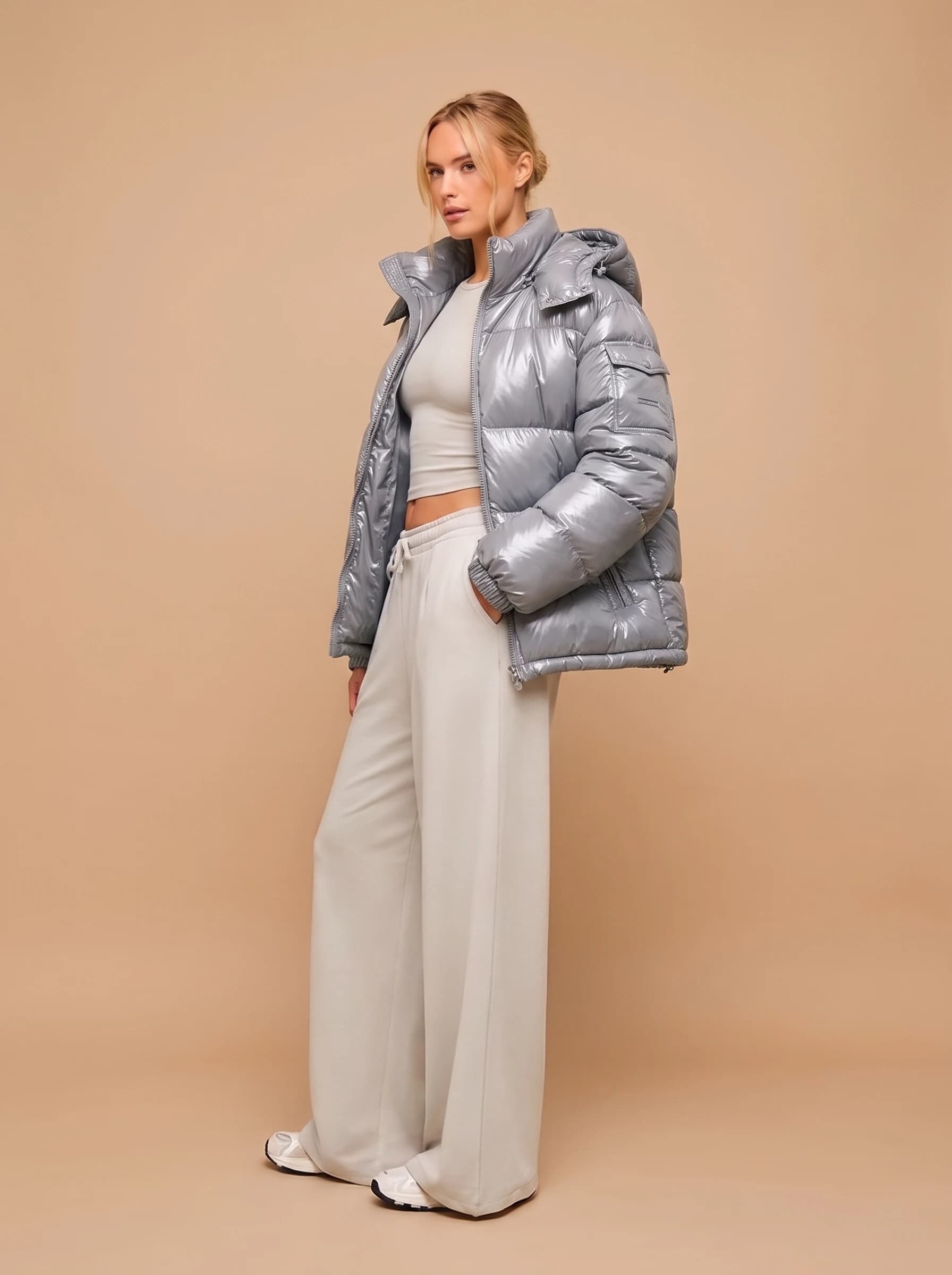 Silver Grey Glossy Puffer Jacket - View 4