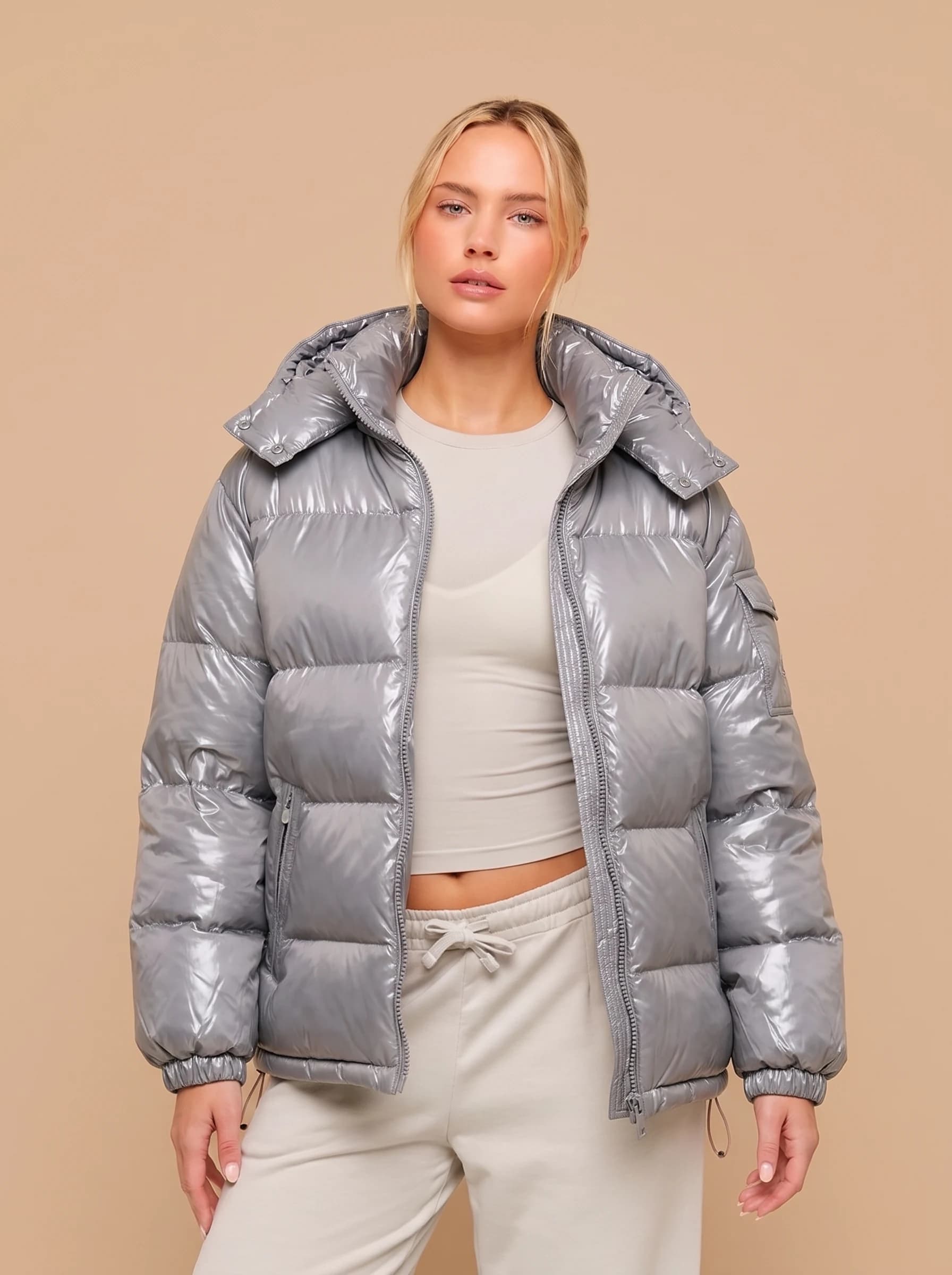 Silver Grey Glossy Puffer Jacket