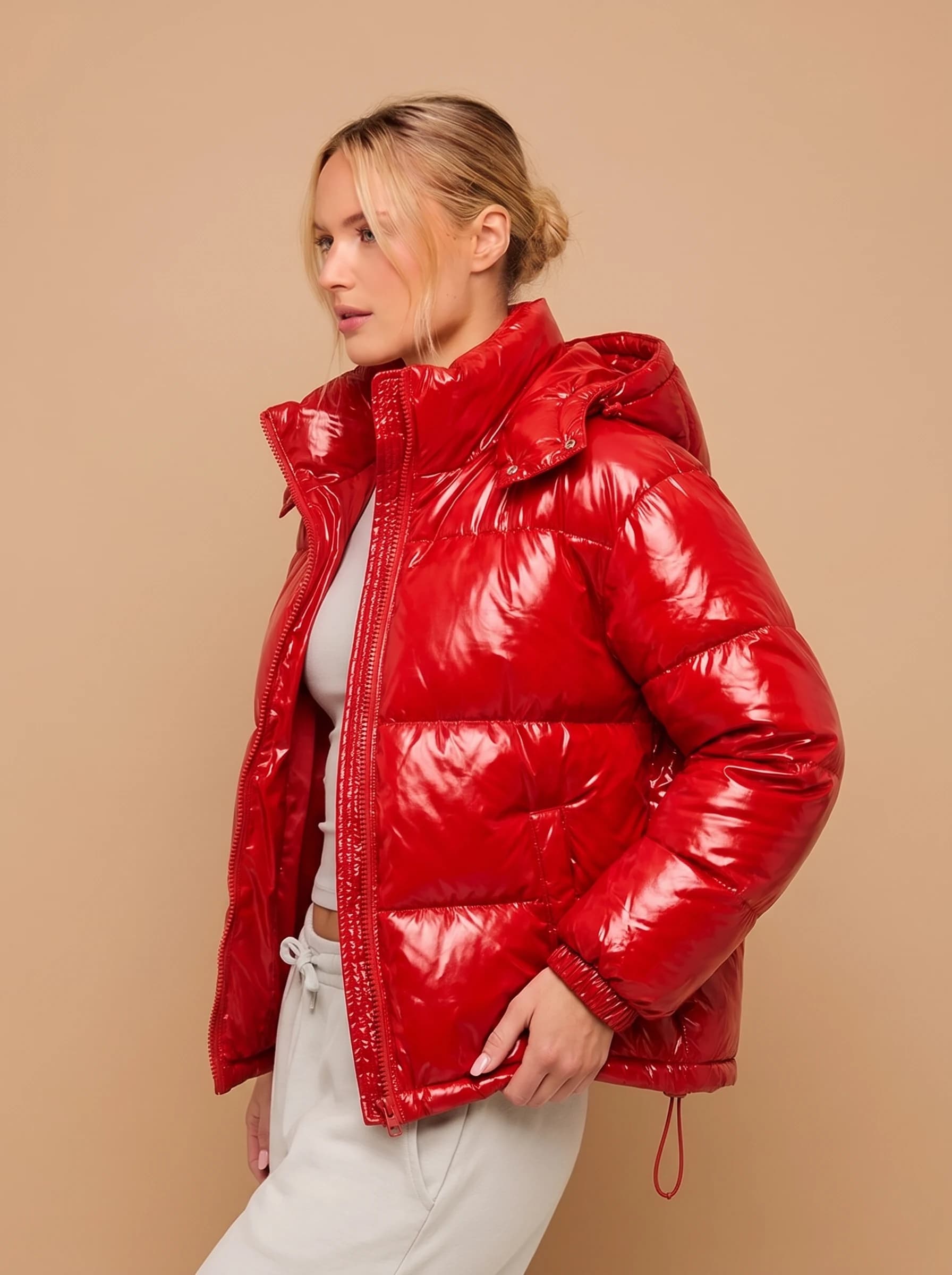 Red Glossy Hooded Puffer Jacket