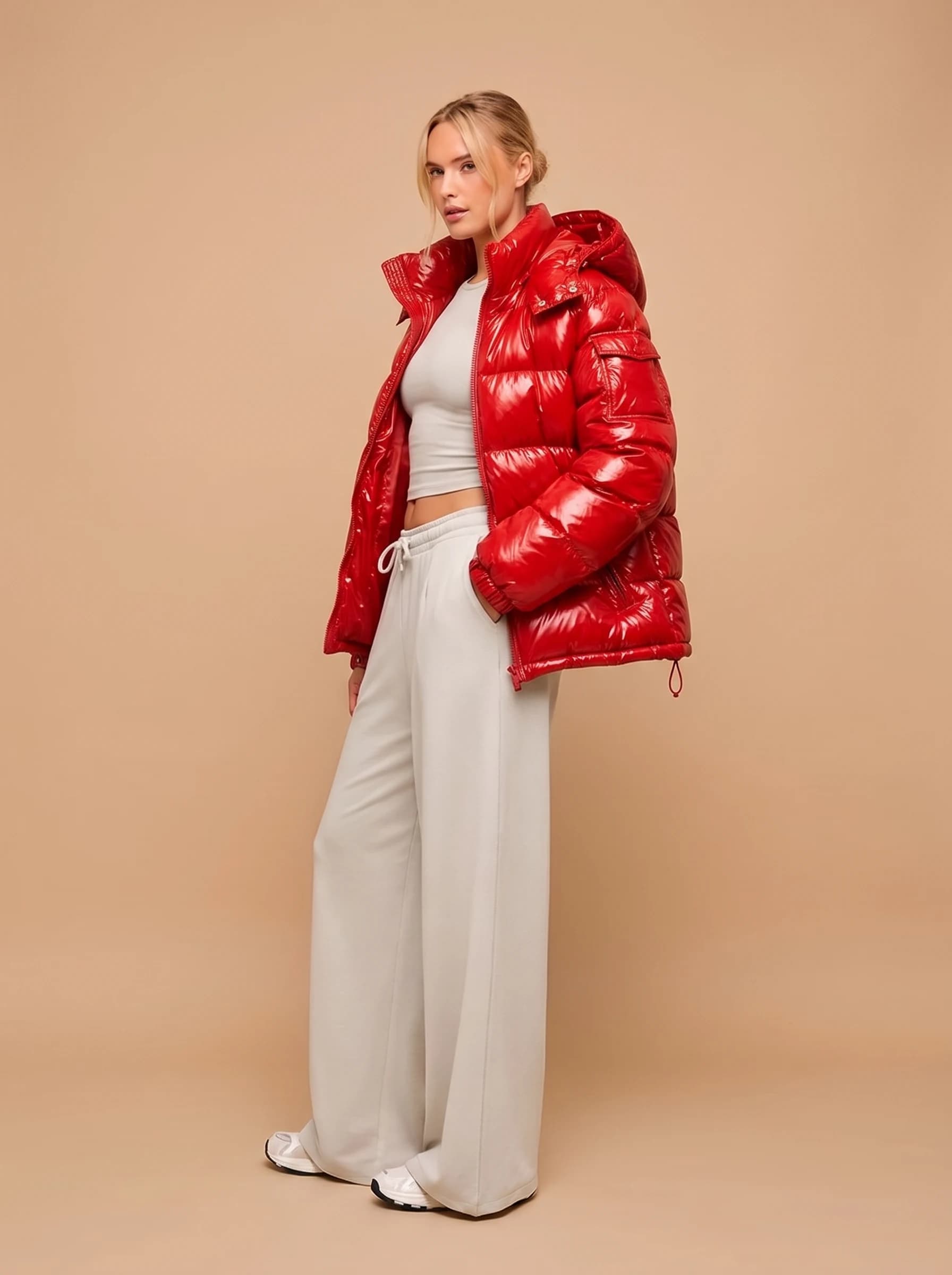 Red Glossy Hooded Puffer Jacket - View 4