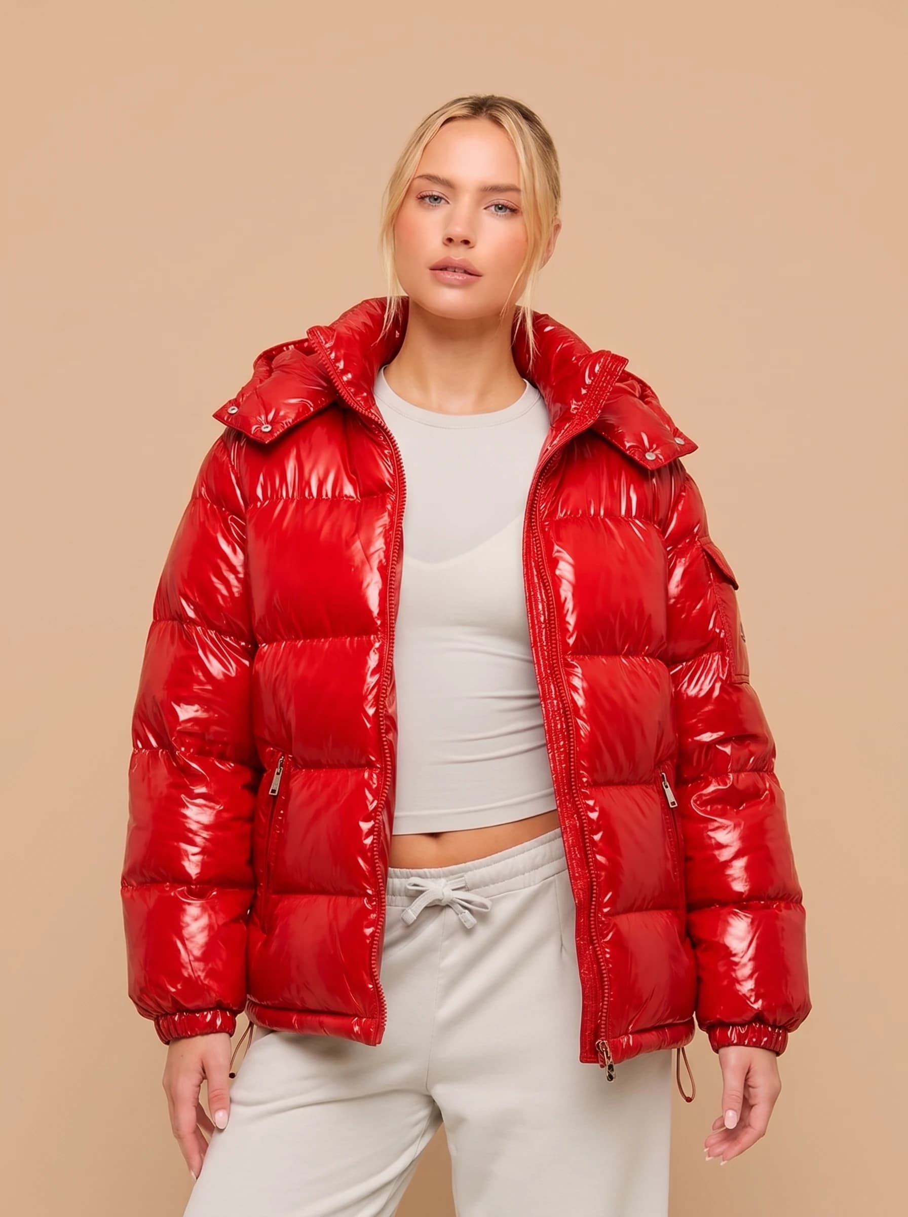Red Glossy Hooded Puffer Jacket