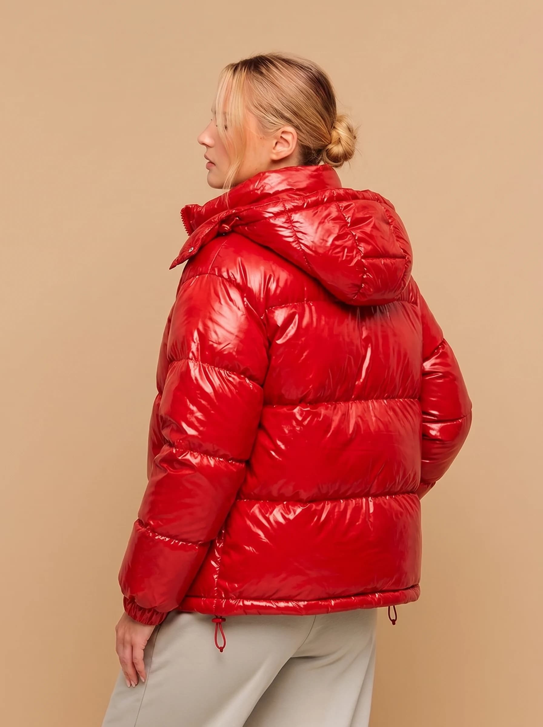 Red Glossy Hooded Puffer Jacket