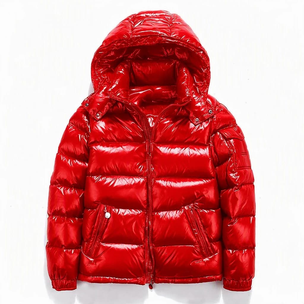 Red Glossy Hooded Puffer Jacket - View 5