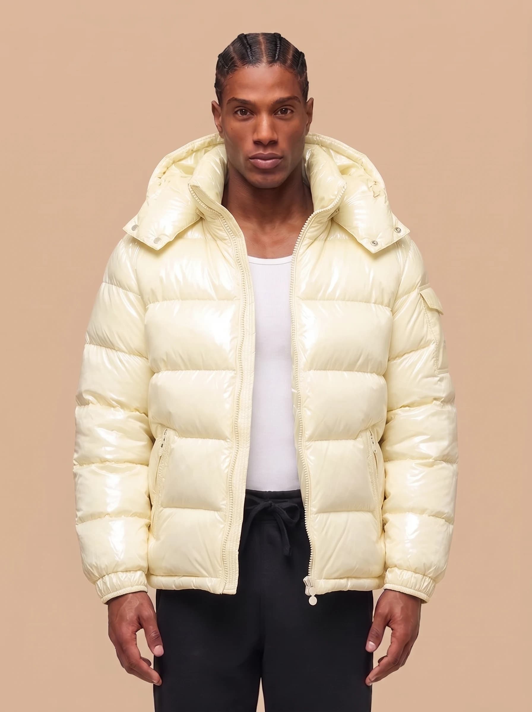 Cream Glossy Hooded Puffer Jacket