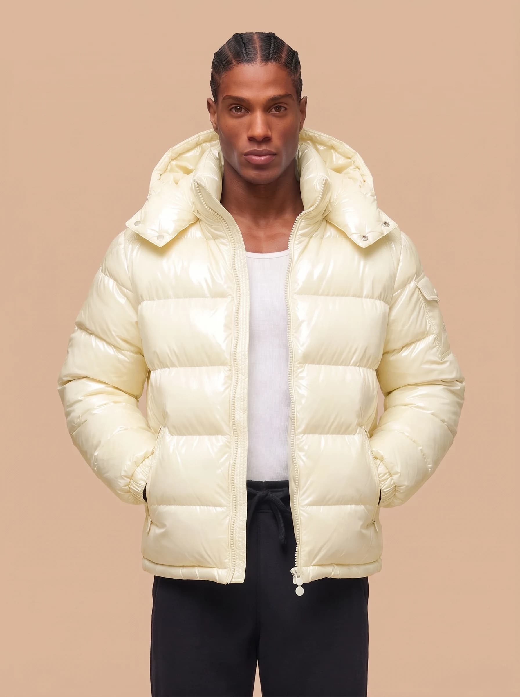 Cream Glossy Hooded Puffer Jacket - View 4