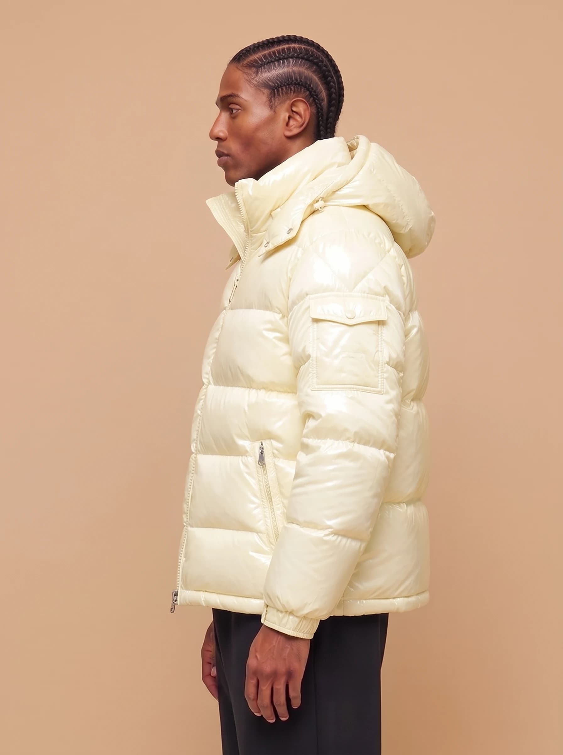 Cream Glossy Hooded Puffer Jacket