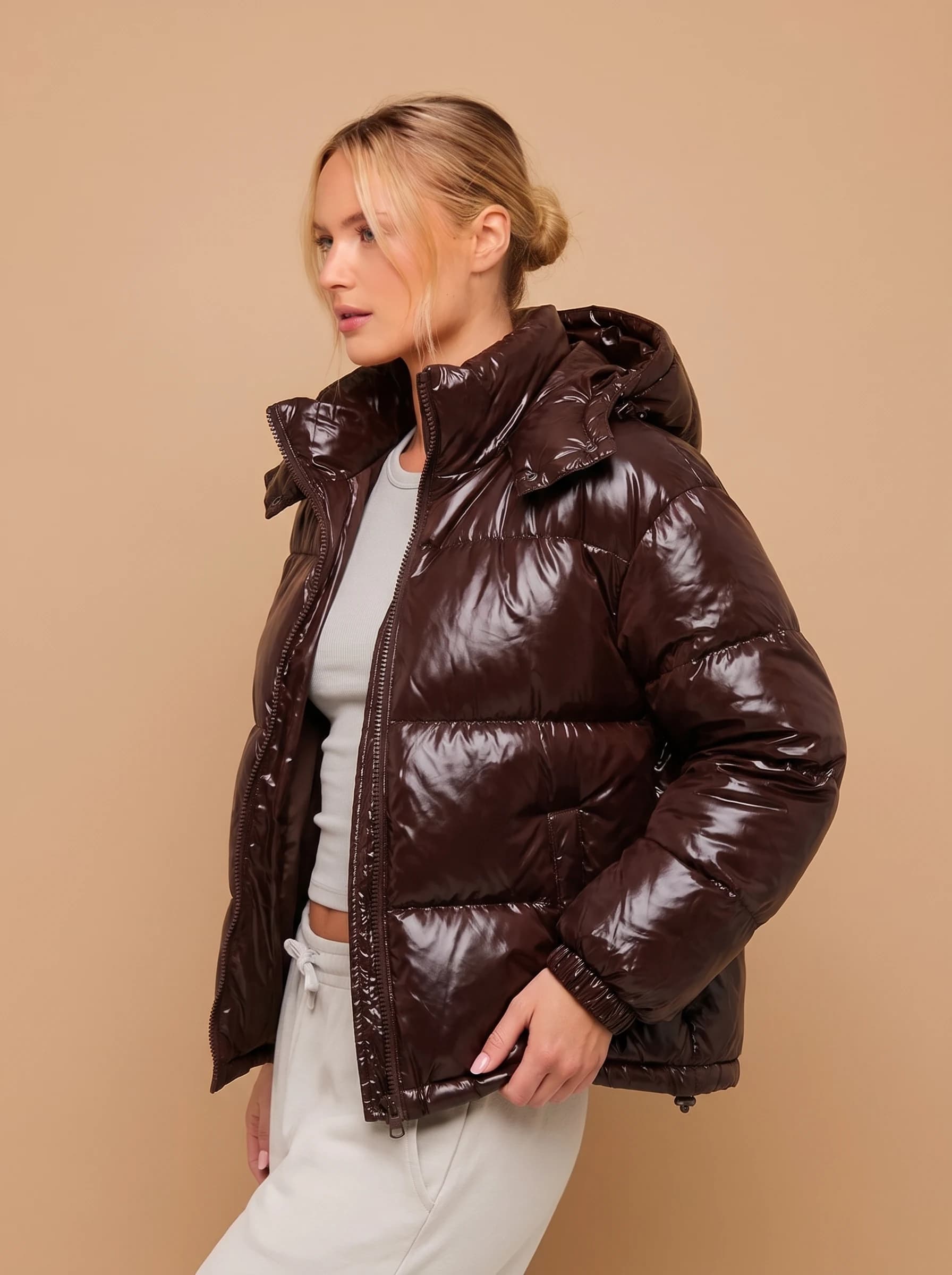 Chocolate Brown Glossy Puffer Jacket