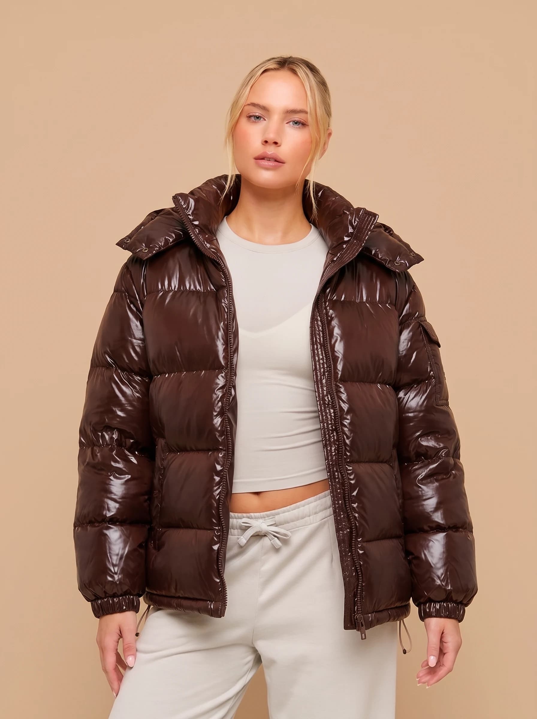 Chocolate Brown Glossy Puffer Jacket