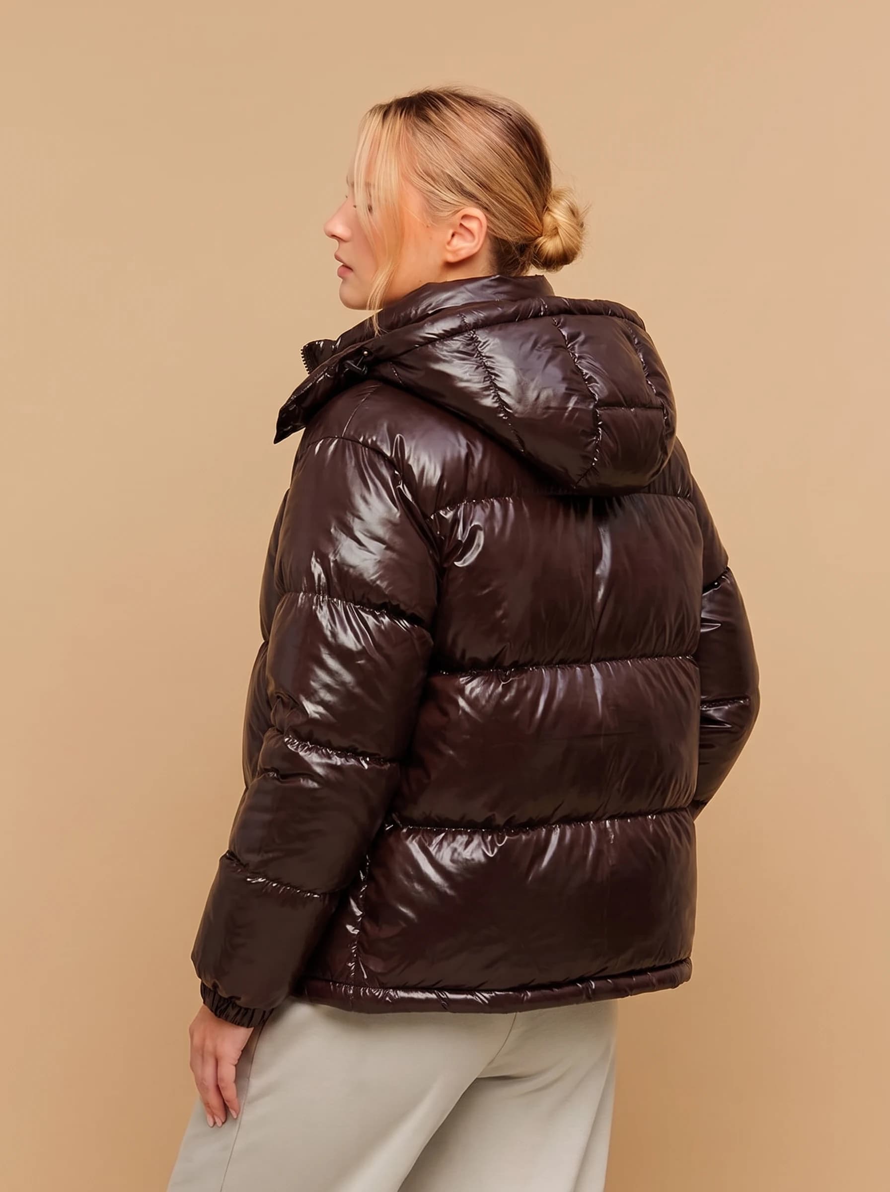 Chocolate Brown Glossy Puffer Jacket