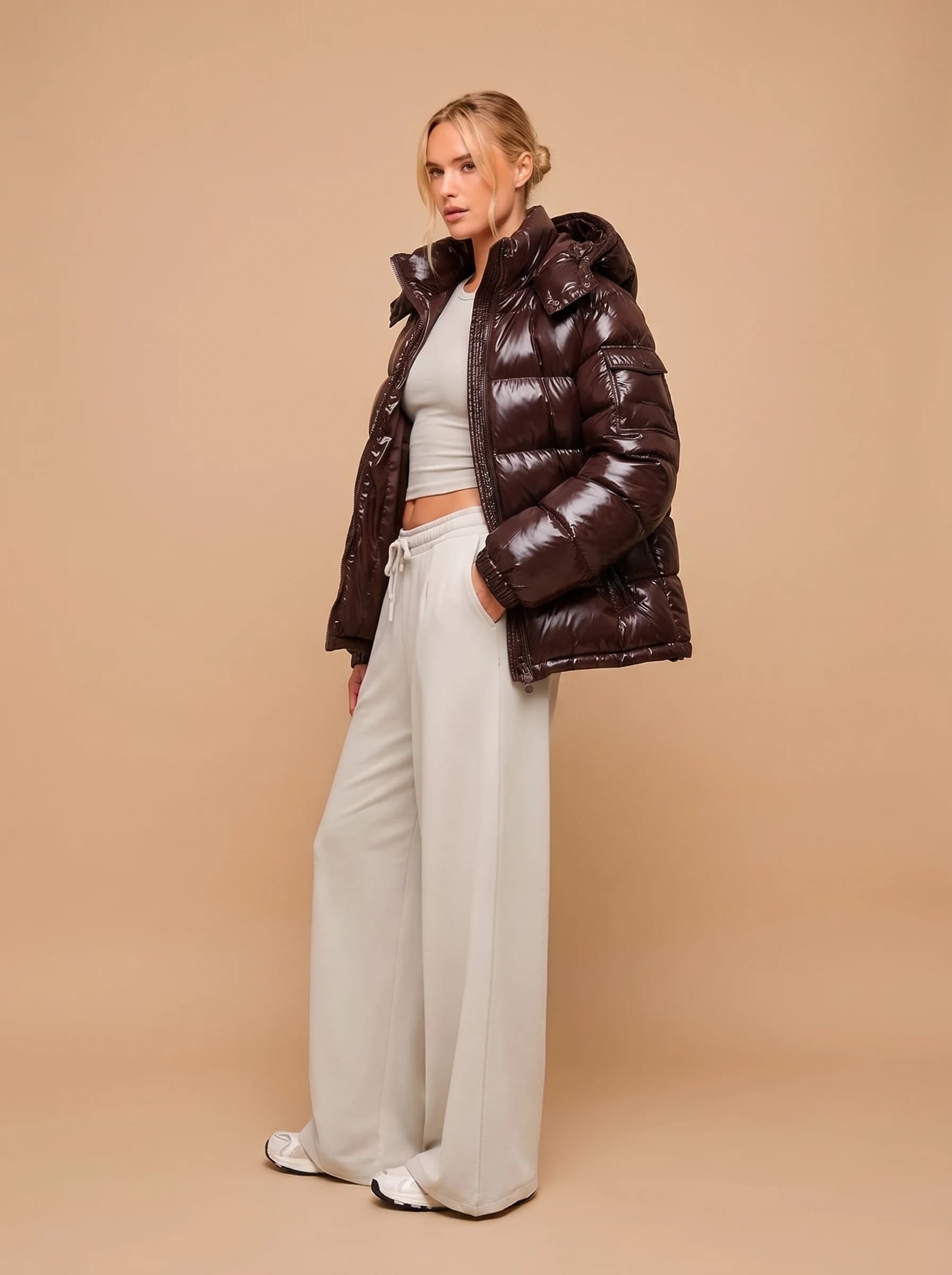 Chocolate Brown Glossy Puffer Jacket - View 4
